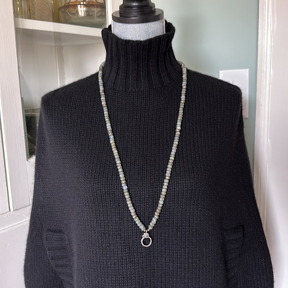 Opal and pyrite long silver diamond clasp horsehair charm tassel necklace